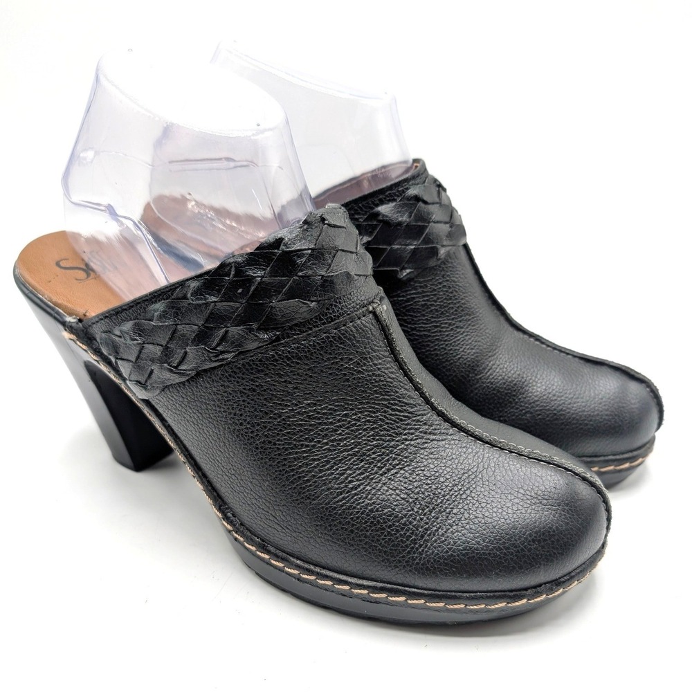 Sofft Leather Clogs SZ 8.5 Black Braided Trim Block Heel Mules Western Heels